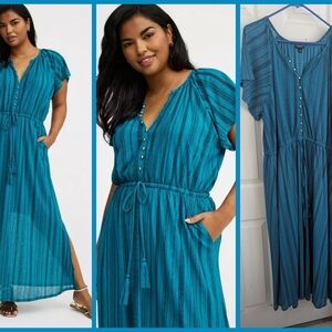 torrid Teal Striped Maxi Dress with Drawstring Waist